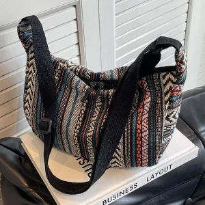 Woman Tribal Style Shoulder Bag Foldable Crossbody Bag Large Capacity Striped Pattern Flag Theme Hand Washed Edge Painted Lining