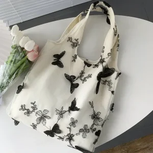 Embroidered Black Butterfly Canvas Bag Lace Fairy Leisure Travel Bag Literary Large Capacity Versatile Shoulder Bag