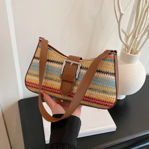 Fashion Rainbow Grass Woven Shoulder Bag Ladies Banquet Bag 2025 Spring New Light Luxury Shoulder Bag with Armpit Bag